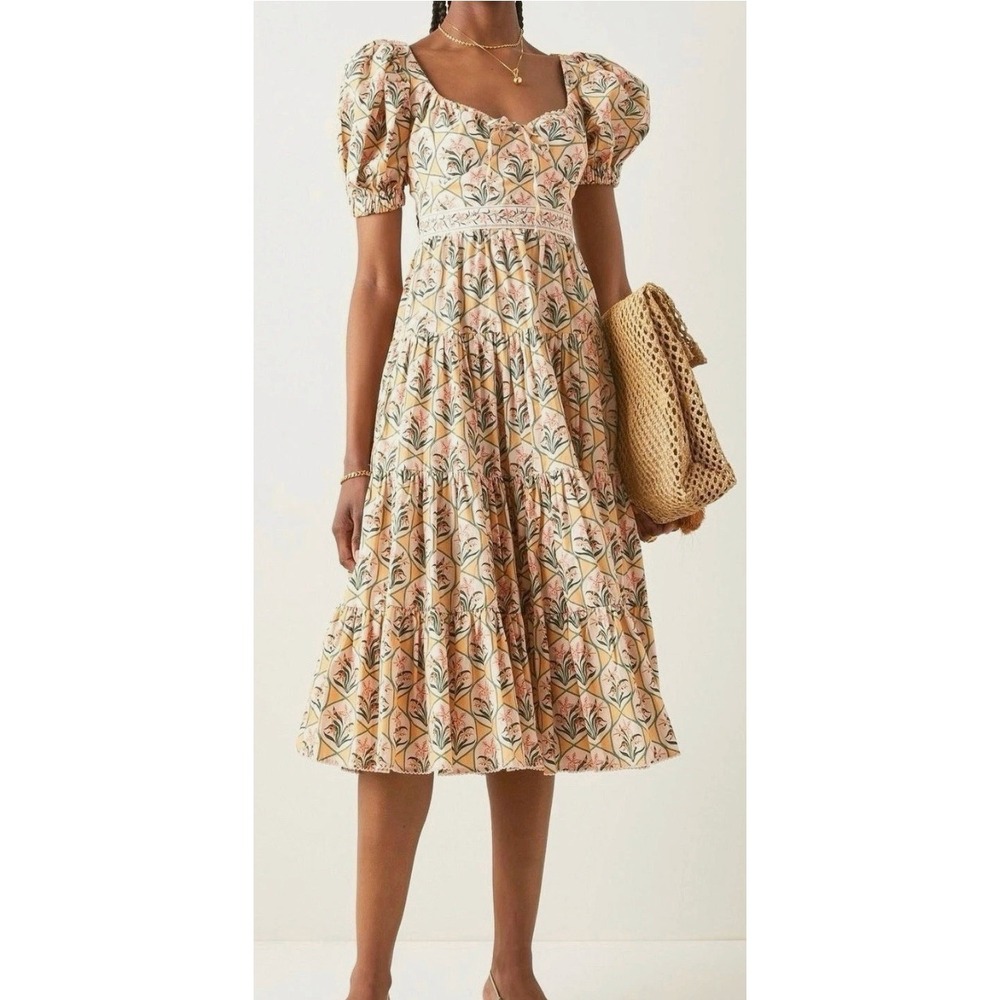 AGUA BY AGUA BENDITA  Palmera Chan Chan Miel Floral Puff Sleeve Midi Dress $790